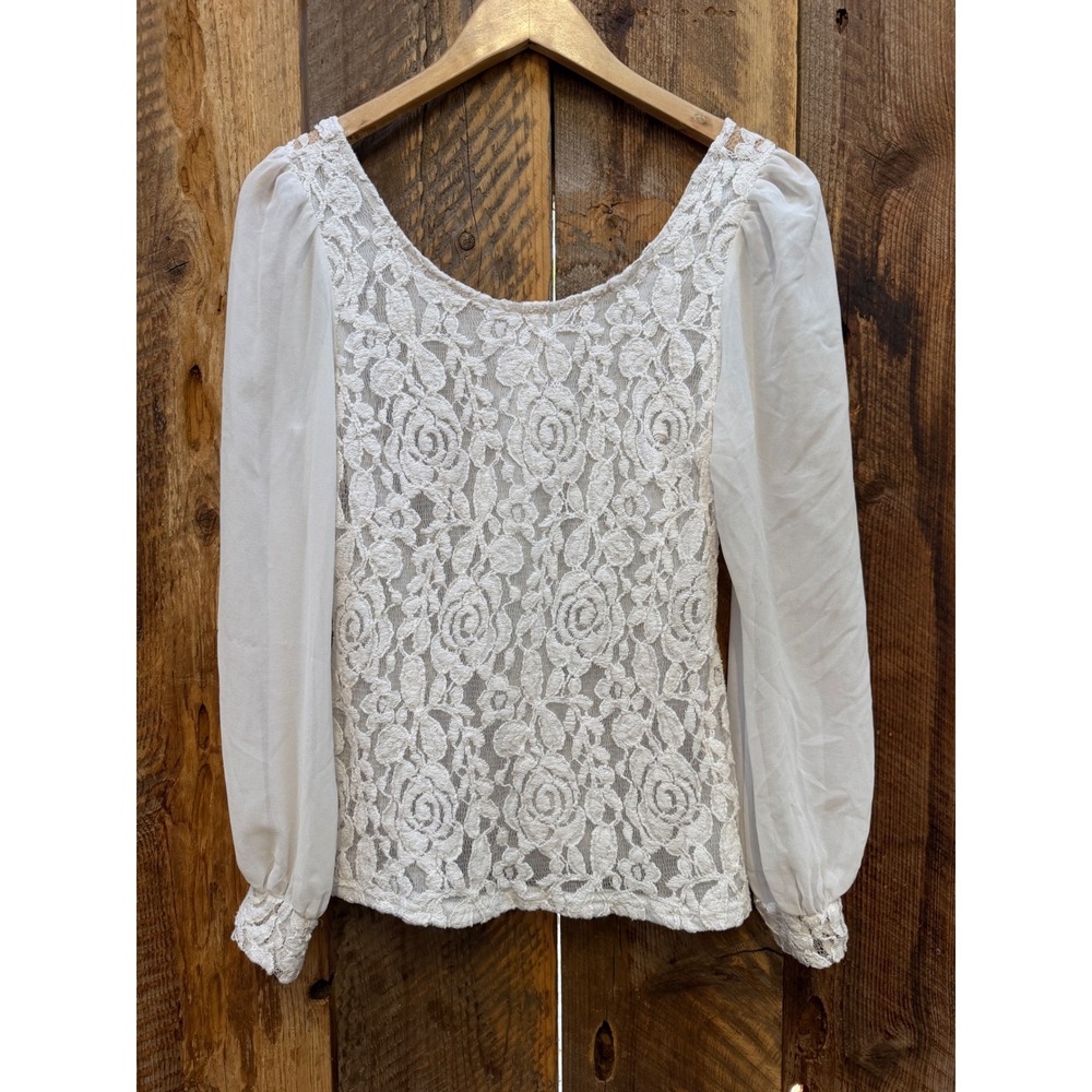 Romantic Lace Peasant Top M White Sheer Sleeve Coquette Fairycore Elegant